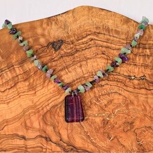 Purple and green beaded statement gem necklace